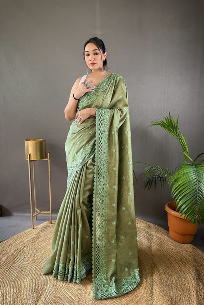 Mehendi Pure Matka Silk Soft Saree with Motifs and Cutwork Border