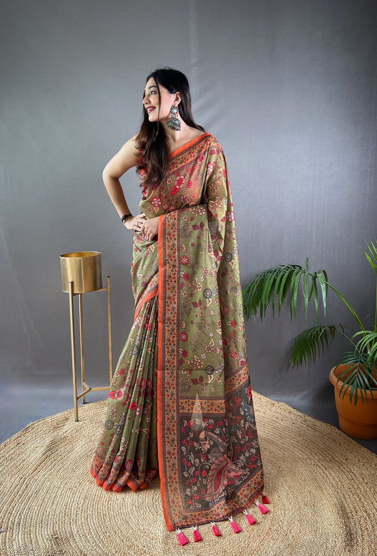 Mehendi Pure Malai Cotton Women Floral Print with Contrast Border Saree