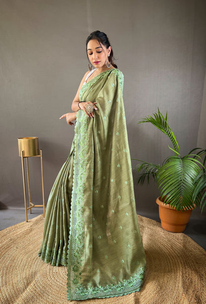 Mehendi Pure Matka Silk Soft Saree with Motifs and Cutwork Border