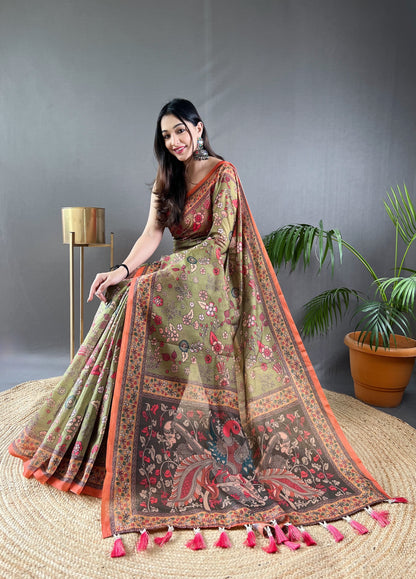 Mehendi Pure Malai Cotton Women Floral Print with Contrast Border Saree