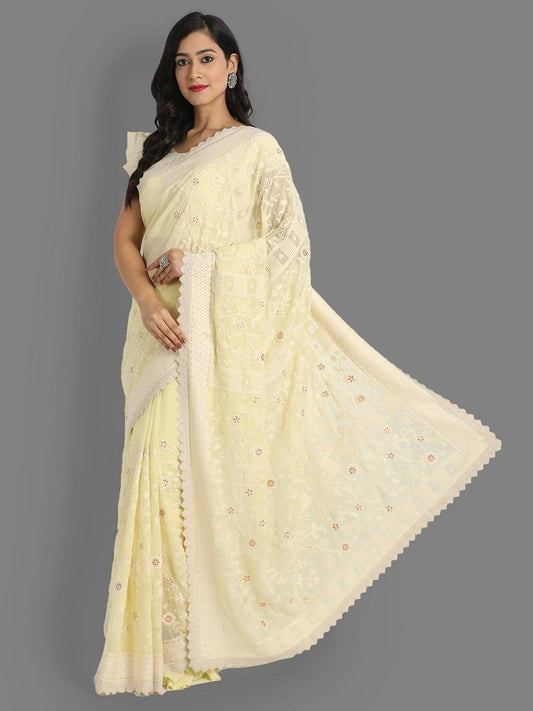 Yellow Colour Faux Georgette Beautiful Lakhnavi Work Saree