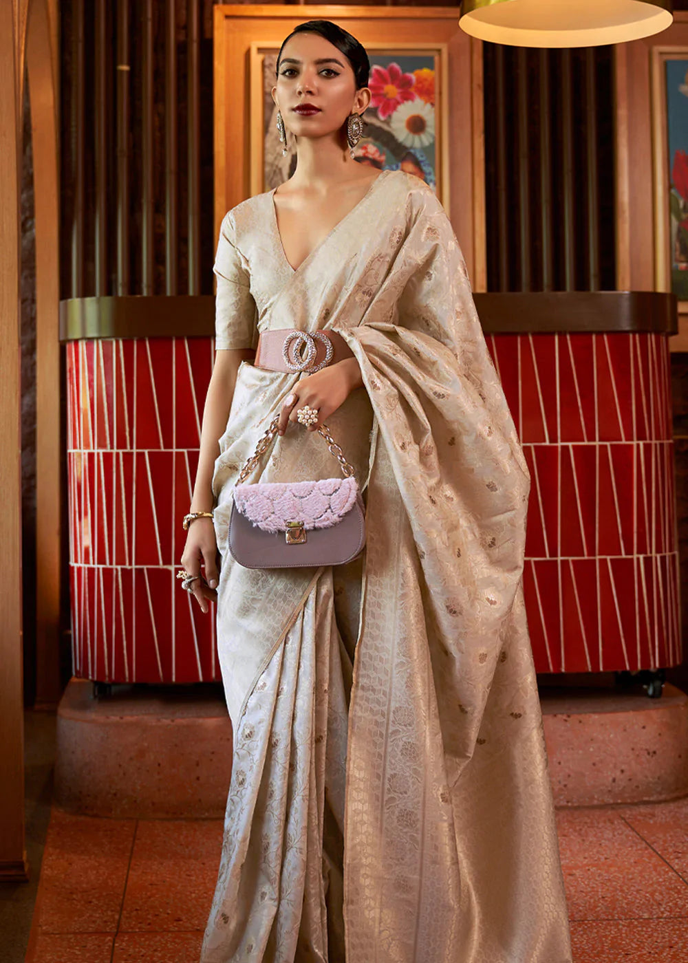 Stark Cream Tussar Woven Silk Saree