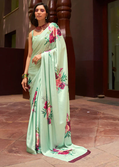 Swamp Green Floral Printed Satin Silk Saree