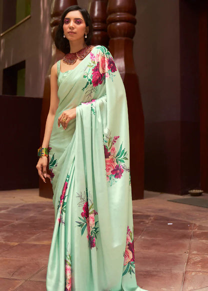 Swamp Green Floral Printed Satin Silk Saree