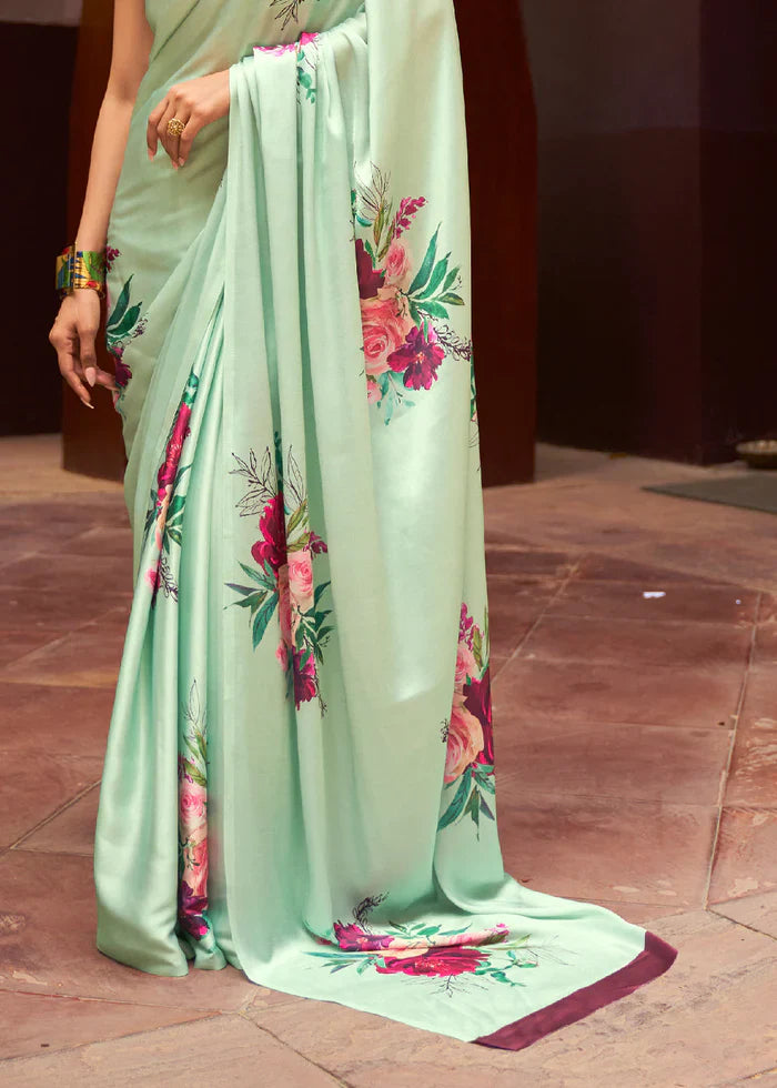 Swamp Green Floral Printed Satin Silk Saree