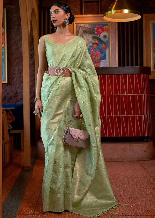 Moss Green Tussar Woven Silk Saree
