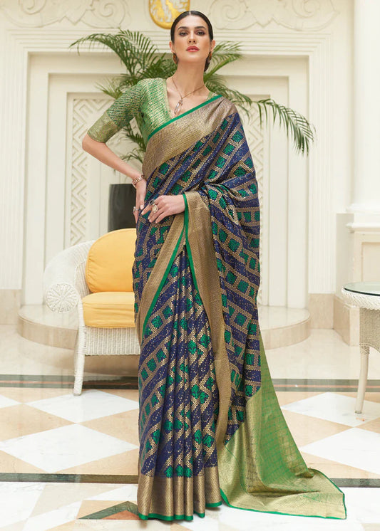 Bluewood And Green Woven Patola Saree
