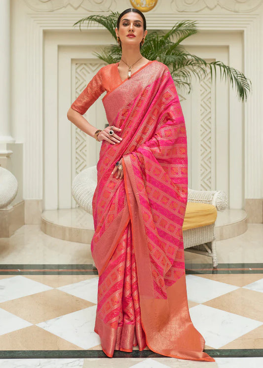 French Rose Pink Woven Patola Saree
