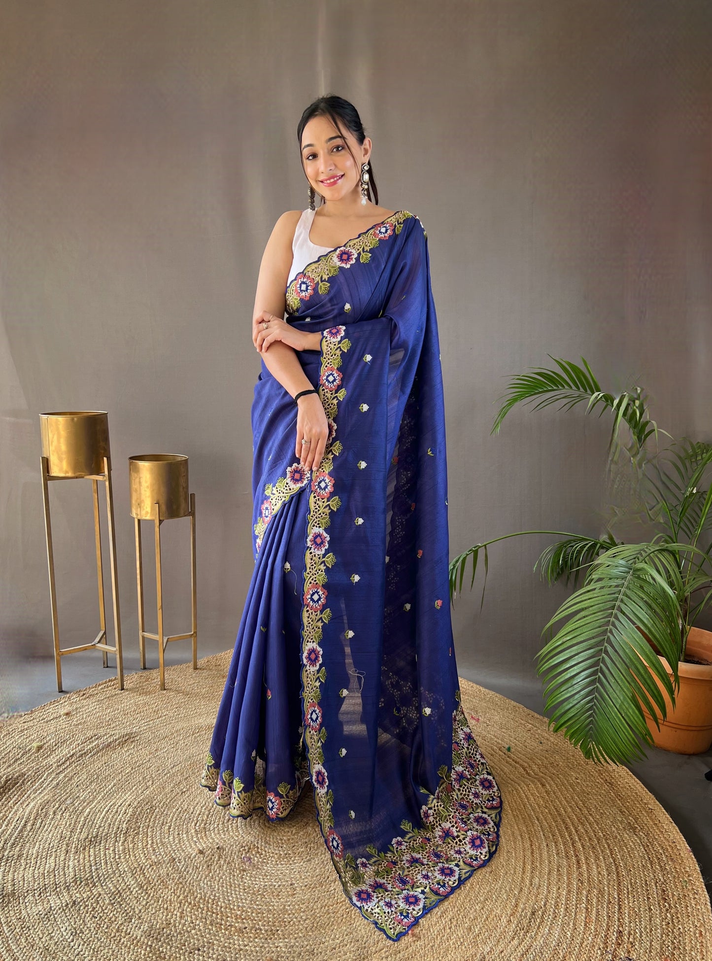 Navy Blue Pure Tussar Silk Embroidery Work Saree