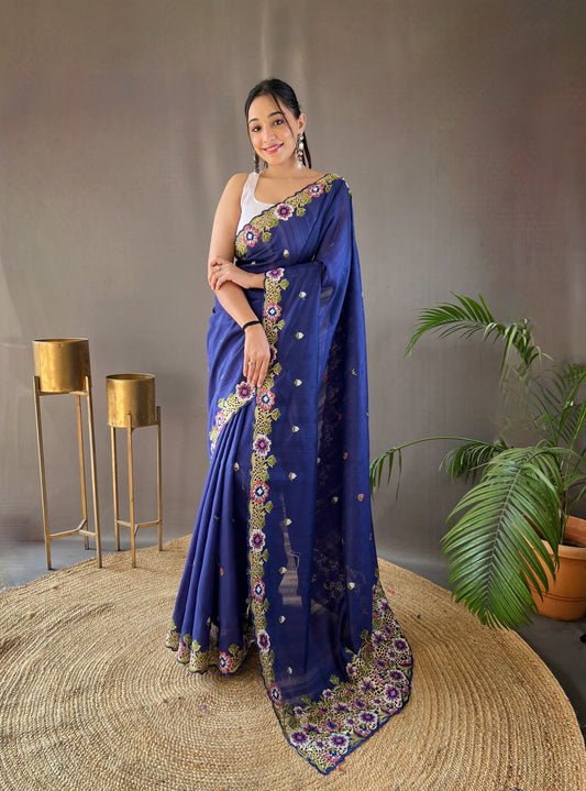 Navy Blue Pure Tussar Silk Embroidery Work Saree