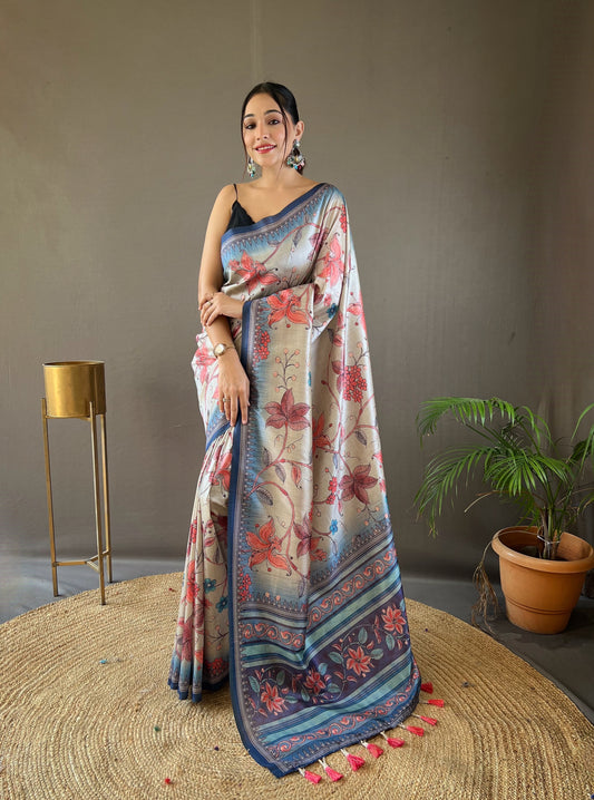 Navy Printed Digital Kalamkari Saree