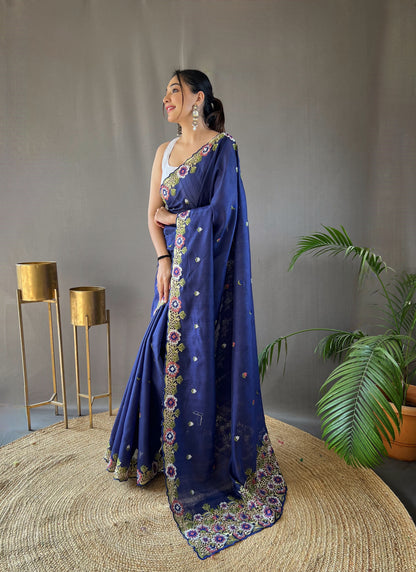 Navy Blue Pure Tussar Silk Embroidery Work Saree