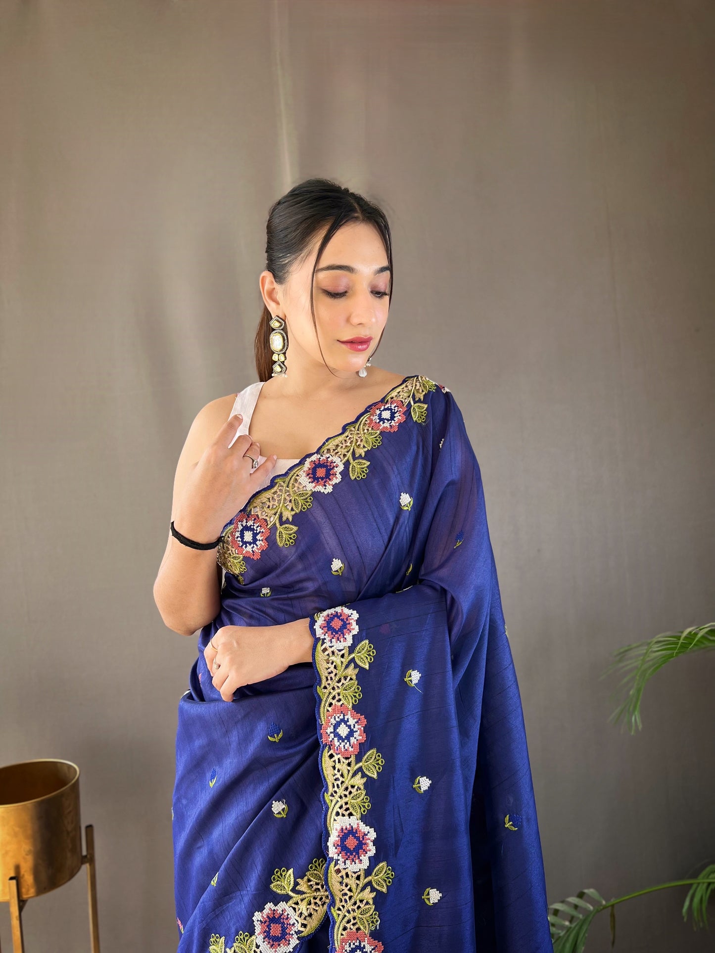 Navy Blue Pure Tussar Silk Embroidery Work Saree