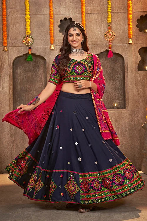 Navy Blue Rayon Embroidered With Mirror Work Navratri Chaniya Choli