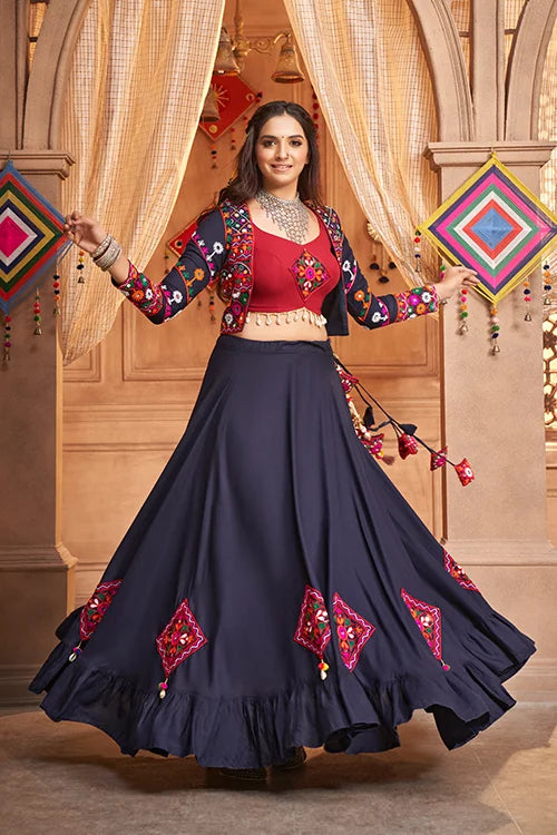 Navy Blue Stylish Embroidered Koti Style Chaniya Choli Latest Fashion Navratri Lehenga