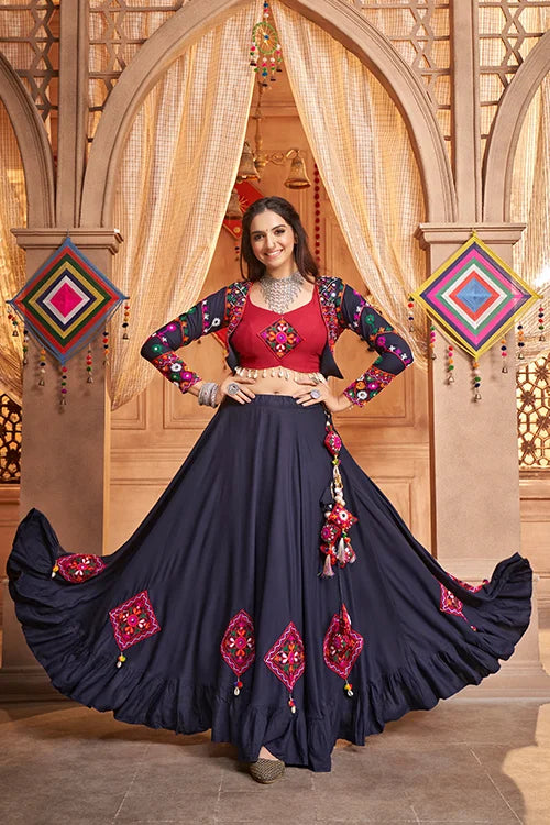 Navy Blue Stylish Embroidered Koti Style Chaniya Choli Latest Fashion Navratri Lehenga