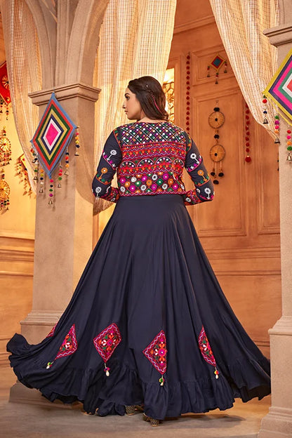 Navy Blue Stylish Embroidered Koti Style Chaniya Choli Latest Fashion Navratri Lehenga