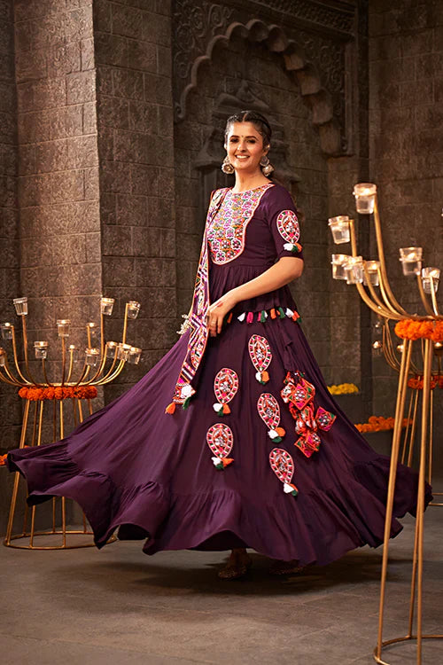 Purple Thread Embroidered Designer Traditonal Navratri Lehenga