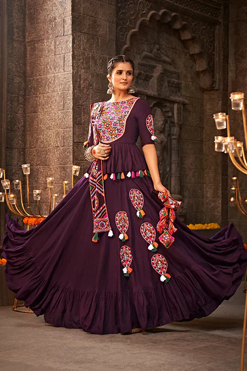 Purple Thread Embroidered Designer Traditonal Navratri Lehenga