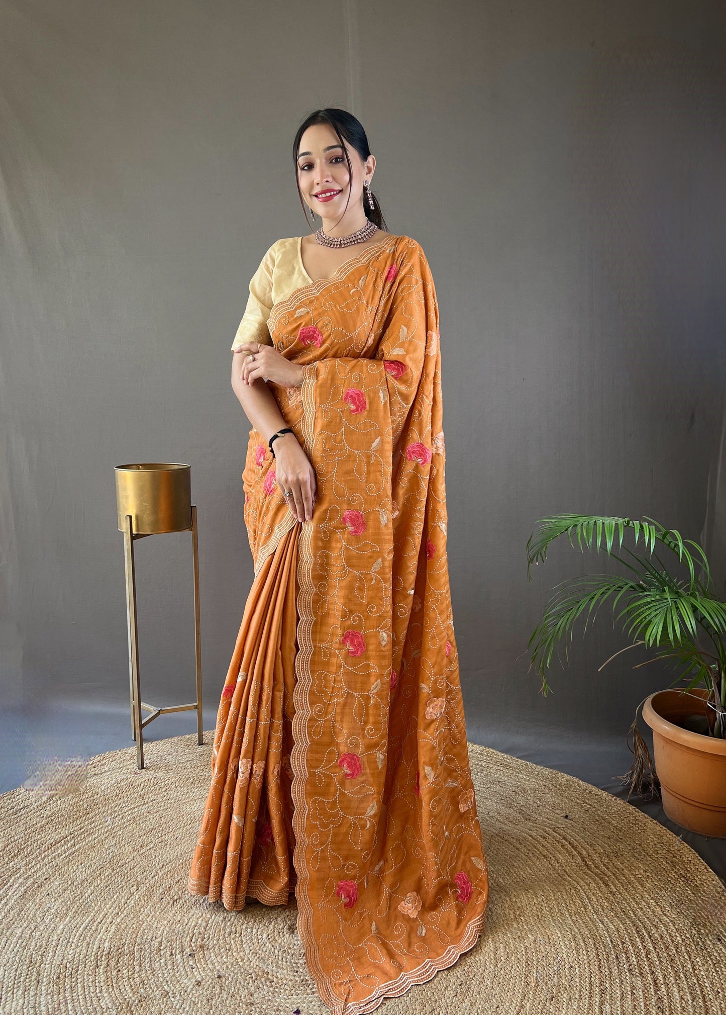 Orange Color Tussar Silk Saree with Floral Embroidery Jaal Work Saree