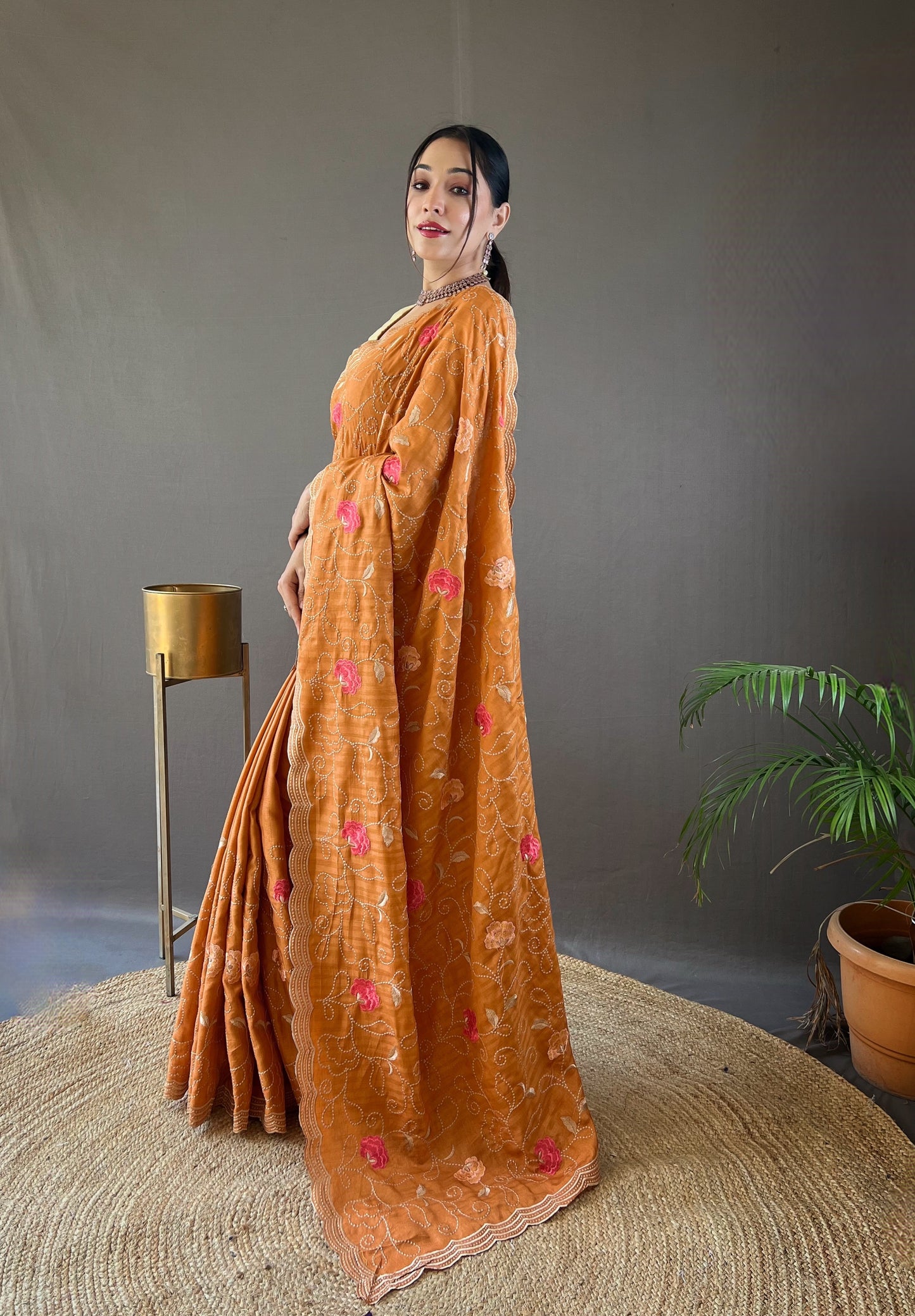 Orange Color Tussar Silk Saree with Floral Embroidery Jaal Work Saree