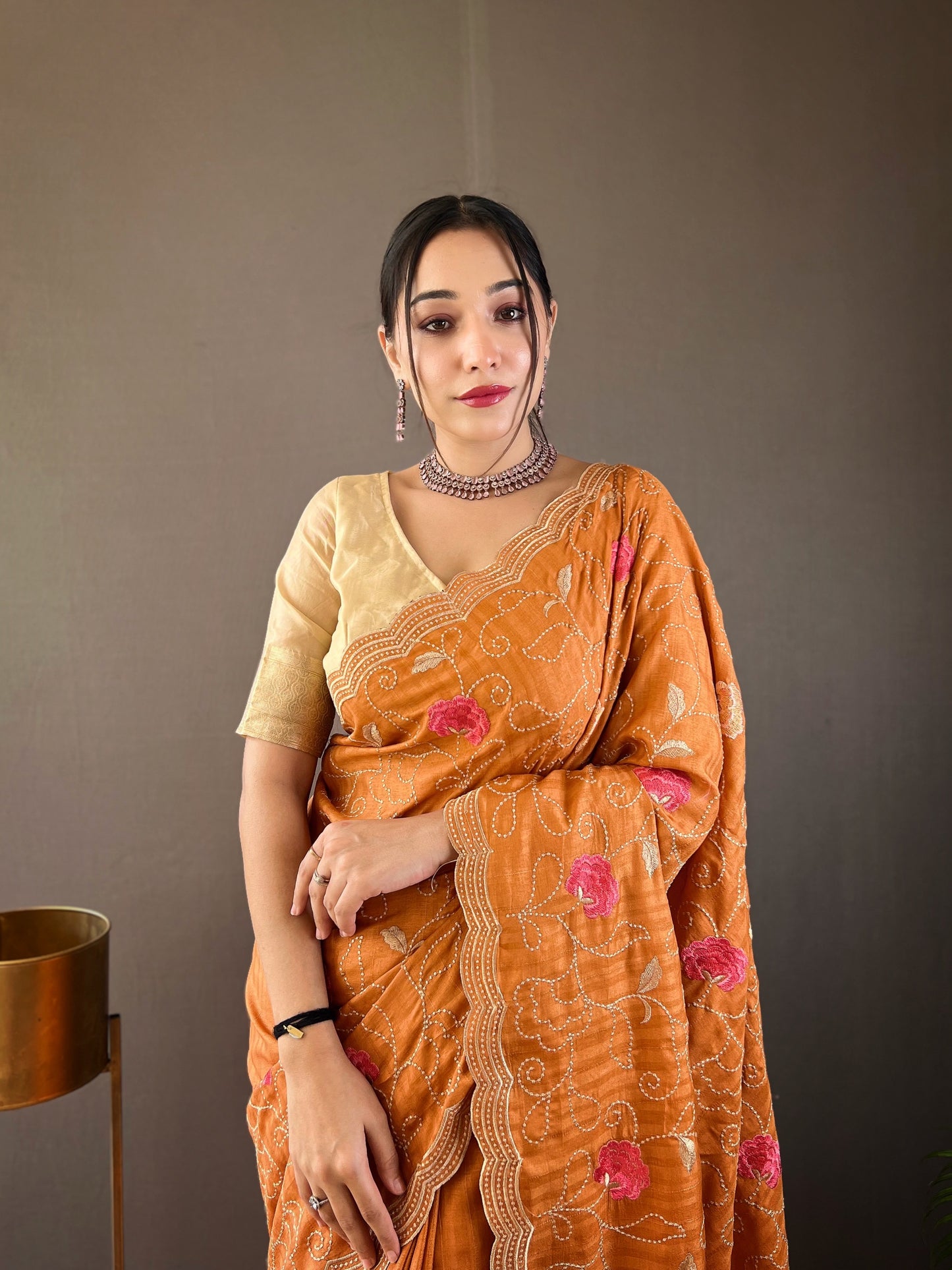 Orange Color Tussar Silk Saree with Floral Embroidery Jaal Work Saree