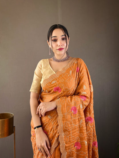 Orange Color Tussar Silk Saree with Floral Embroidery Jaal Work Saree