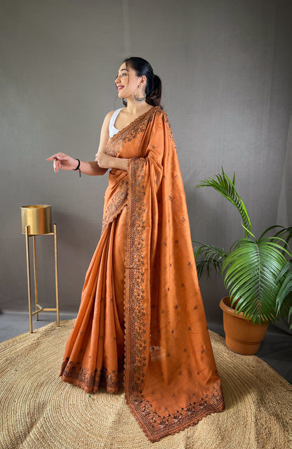 Orange Pure Matka Silk Soft Saree with Motifs and Cutwork Border