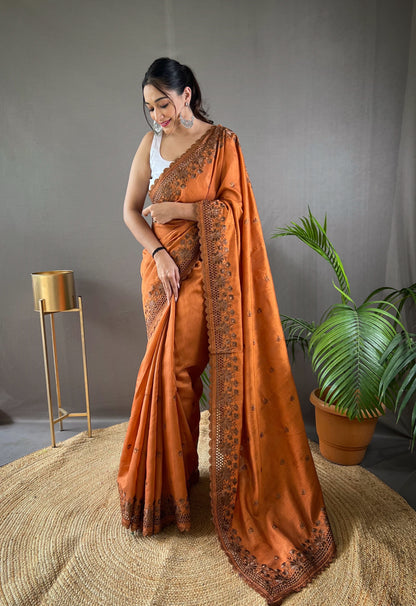 Orange Pure Matka Silk Soft Saree with Motifs and Cutwork Border