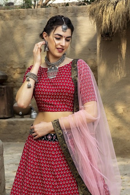 Red Color Printed Art Silk Lehenga Choli With Dupatta