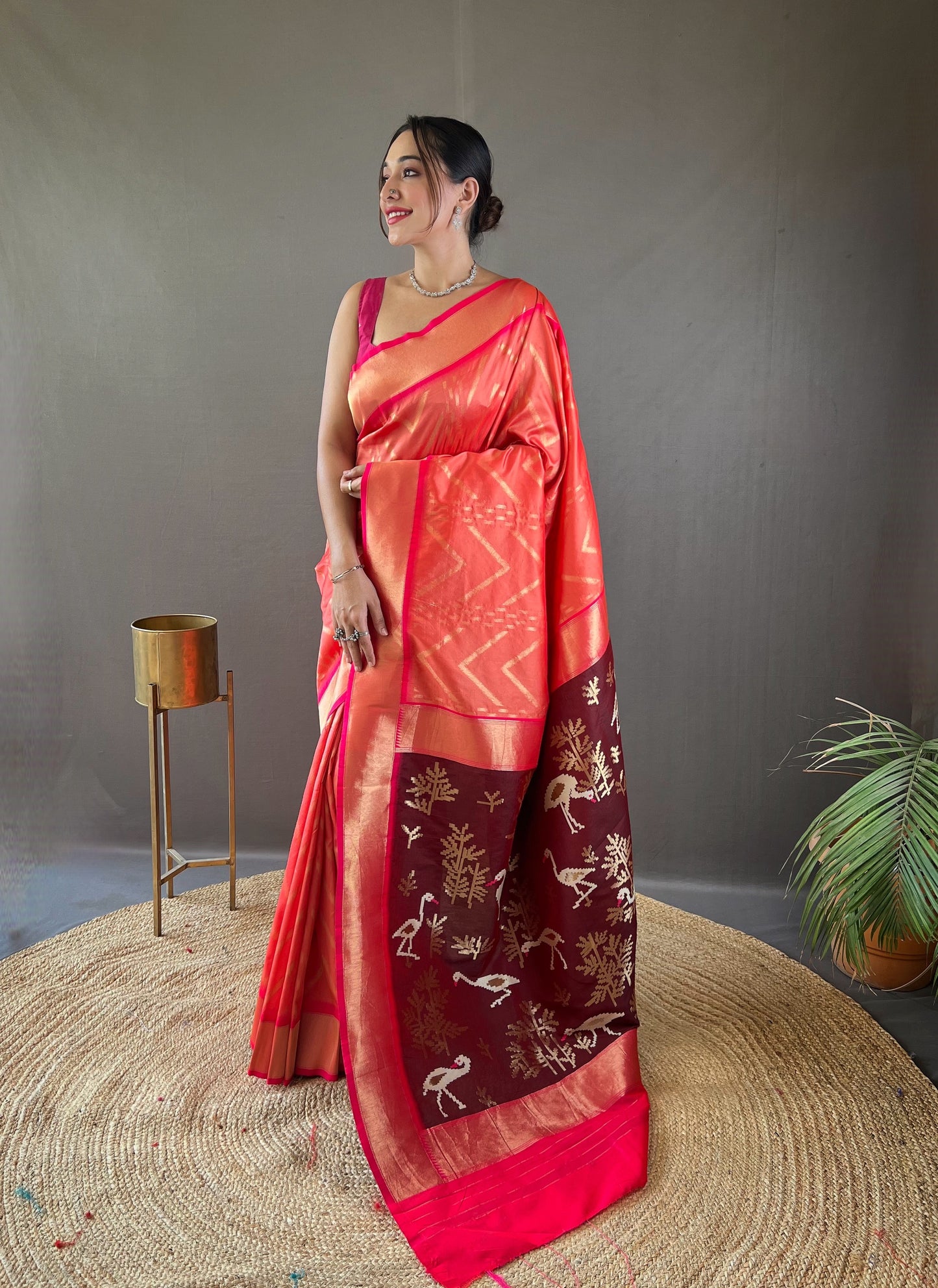 Peach Zig Zag Viscose Zari Design Soft Banarasi Silk Saree