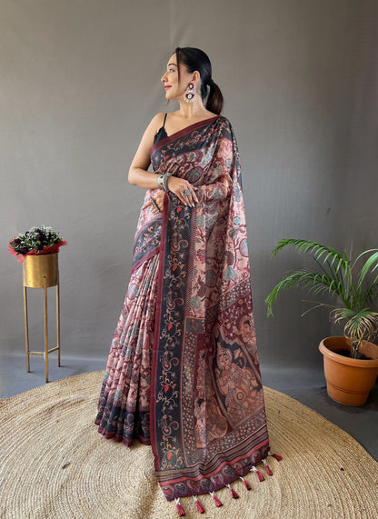 Peach Italian Digital Print Cotton Weaves Saree