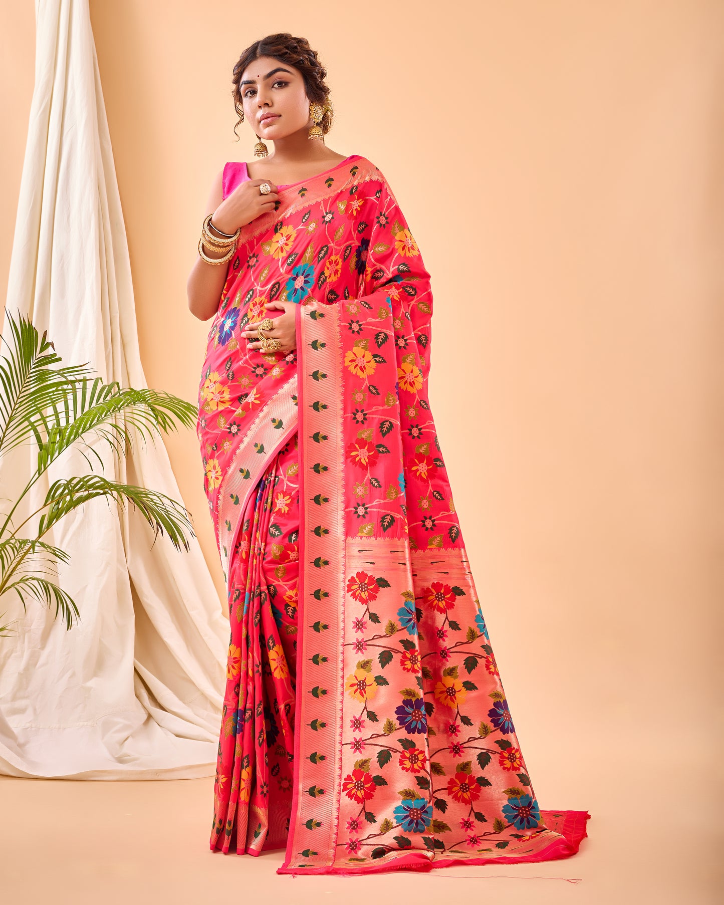 Pink Kashmiri Pashmina Jaal Silk Woven Meenakari Work Saree