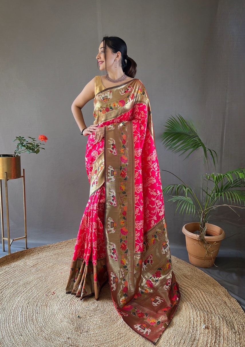 Magenta Pink Woven Paithani Patola Fusion Saree