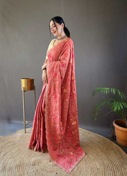 Pink Color Tussar Silk Saree with Floral Embroidery Jaal Work Saree