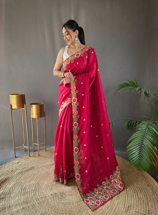 Pink Pure Tussar Silk Embroidery Work Saree