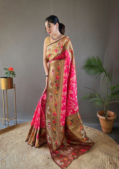 Magenta Pink Woven Paithani Patola Fusion Saree