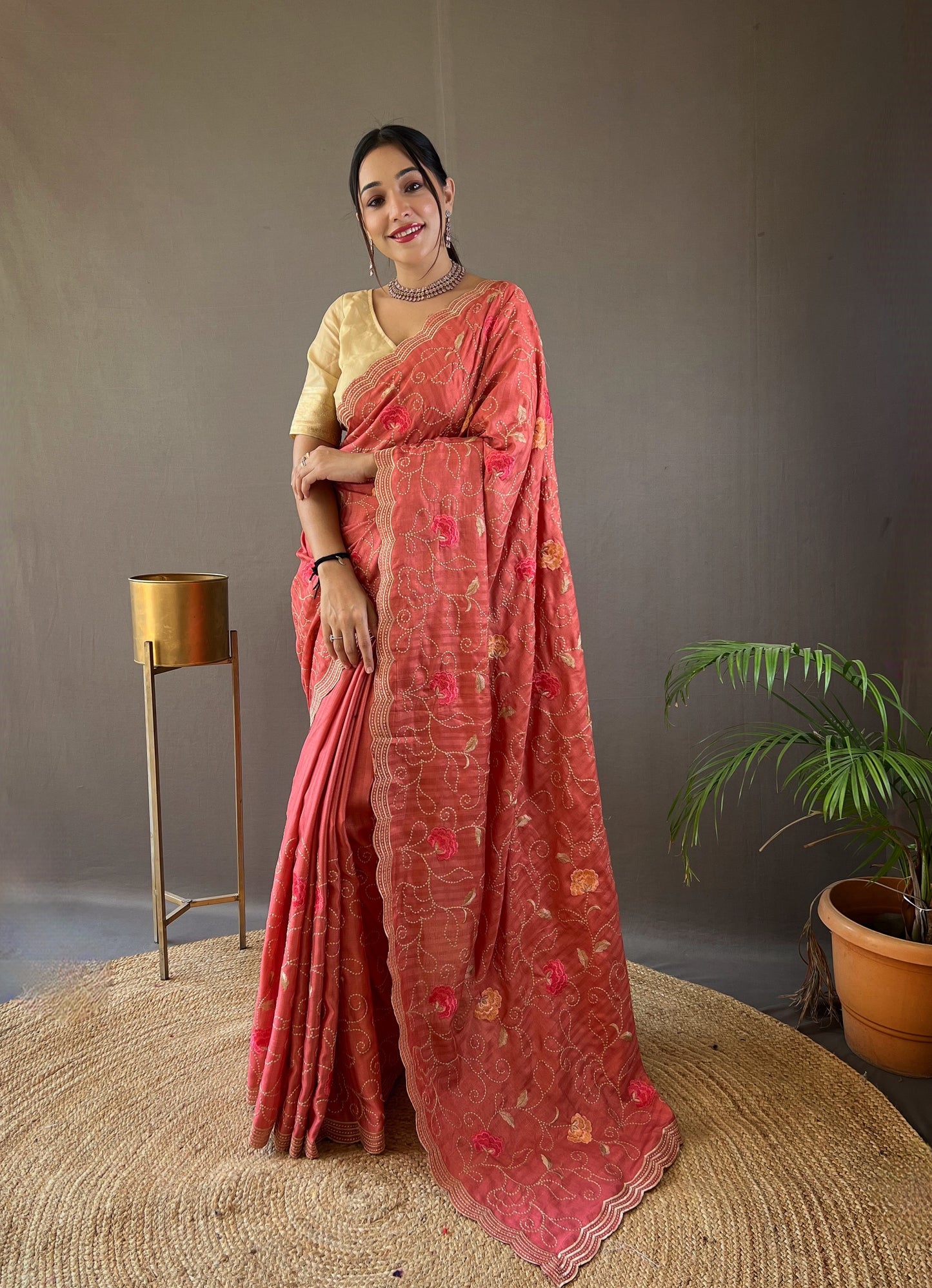 Pink Color Tussar Silk Saree with Floral Embroidery Jaal Work Saree