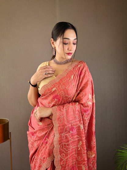 Pink Color Tussar Silk Saree with Floral Embroidery Jaal Work Saree