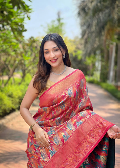 Pink Kanjivaram Silk Saree With Intricate Blouse Piece