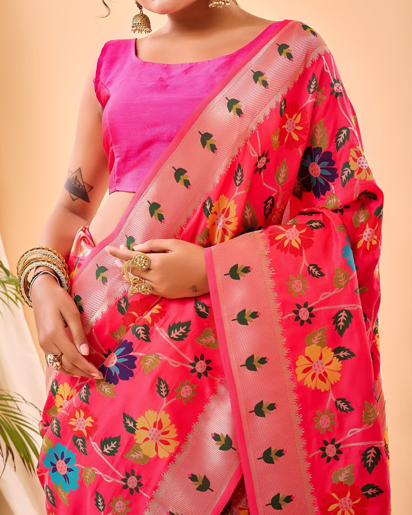 Pink Kashmiri Pashmina Jaal Silk Woven Meenakari Work Saree