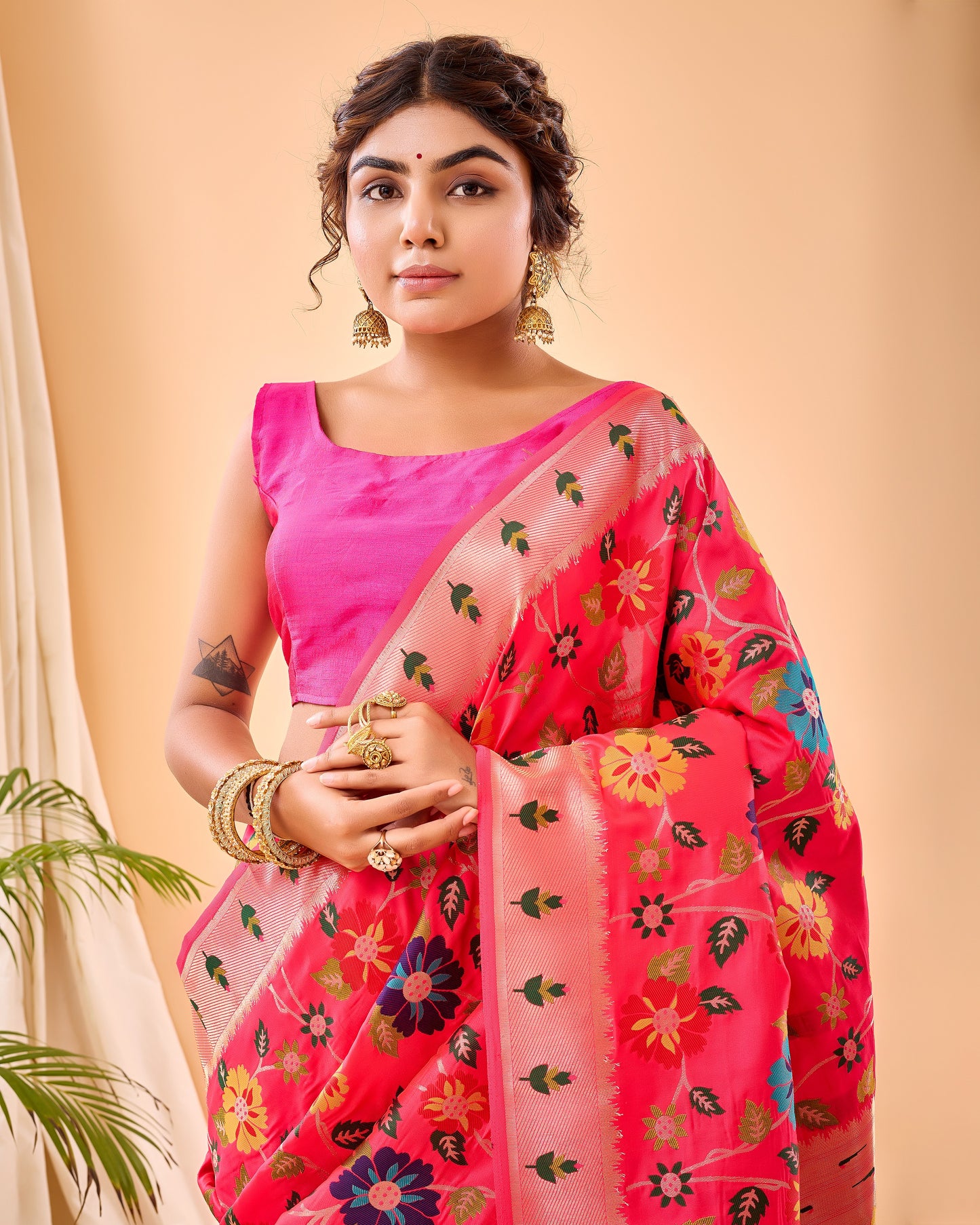 Pink Kashmiri Pashmina Jaal Silk Woven Meenakari Work Saree