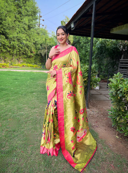 PISTA PURE PAITHANI WITH ALL OVER ZARI AND MEENAKARI WEAVES SAREE