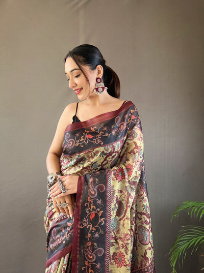 Pista Italian Digital Print Cotton Weaves Saree