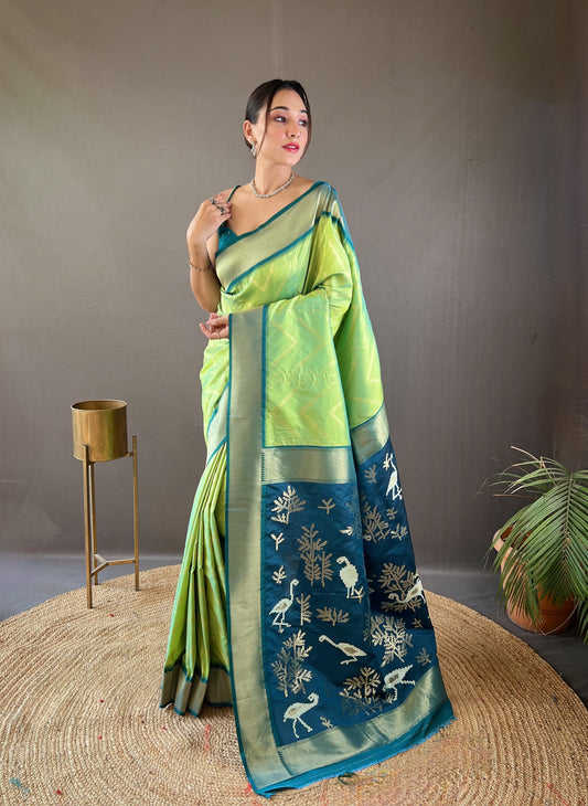 Pista Zig Zag Viscose Zari Design Soft Banarasi Silk Saree