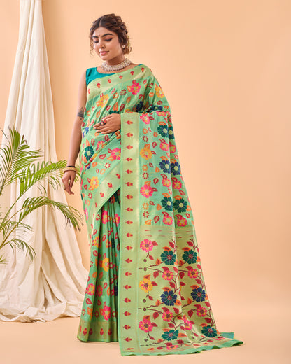 Pista Kashmiri Pashmina Jaal Silk Woven Meenakari Work Saree