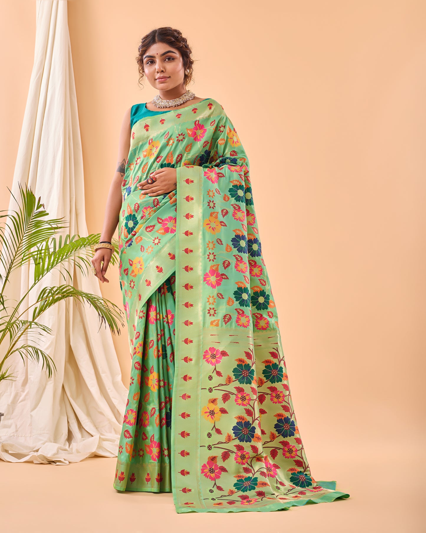 Pista Kashmiri Pashmina Jaal Silk Woven Meenakari Work Saree