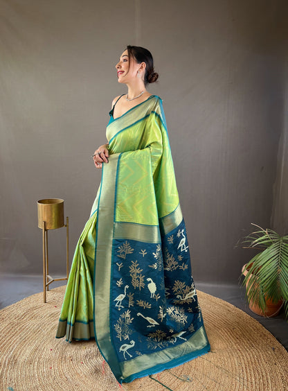 Pista Zig Zag Viscose Zari Design Soft Banarasi Silk Saree