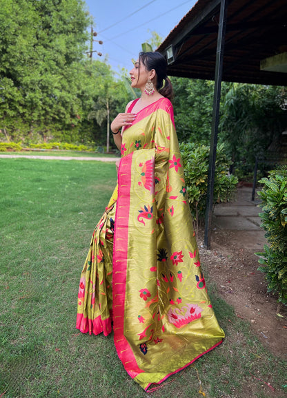 PISTA PURE PAITHANI WITH ALL OVER ZARI AND MEENAKARI WEAVES SAREE