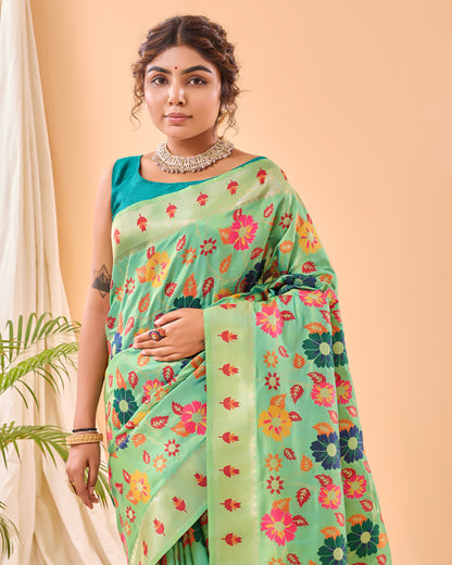 Pista Kashmiri Pashmina Jaal Silk Woven Meenakari Work Saree